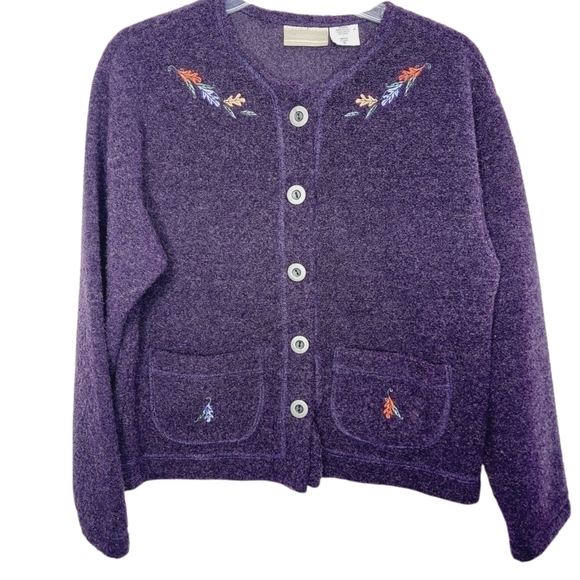Coldwater Creek Women's Cardigan Wool Blend Small Embroidered Purple   Made USA - Picture 3 of 12